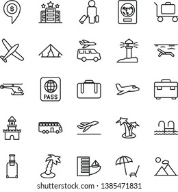 thin line vector icon set - suitcase vector, passport, coastal lighthouse, sand castle, helicopter, dollar pin, plane, bus, passenger, rolling, departure, hotel, tent, beach, arnchair under umbrella