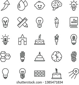 thin line vector icon set - matte light bulb vector, children's hairdo, box of bricks, cake, birthday, brickwork, saving, writing accessories, honeycombs, drop, energy, book on statistics, brain