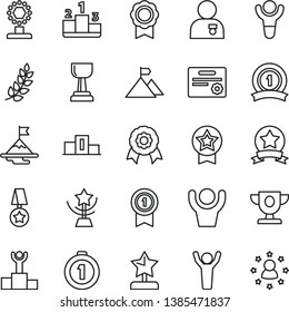 thin line vector icon set - pedestal vector, medal, winner, laurel branch, podium, prize, cup, gold, star, reward, man hands up, with, motivation, mountain flag, first place, pennant, ribbon