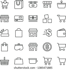 thin line vector icon set - paper bag vector, grocery basket, dollar, children's potty, cubes for children, put in cart, crossed, with handles, kiosk, stall, shopping, antique advertising signboard