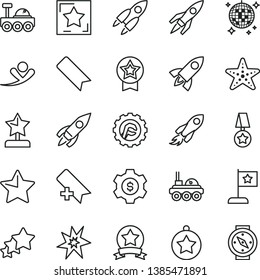 thin line vector icon set - add bookmark vector, star gear, rocket, space, lunar rover, bang, reward, medal, flag, ribbon, dollar, three stars, flying man, disco ball, starfish, compass