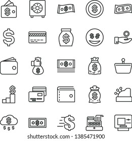 thin line vector icon set - bank card vector, purse, dollar, strongbox, cards, shopping basket, denomination of the, catch a coin, wallet, money, dollars, cash, machine, cashbox, bag hand, rain, atm