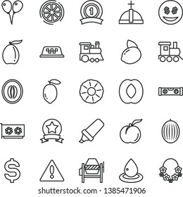 thin line vector icon set - warning vector, baby toy train, children's, colored air balloons, concrete mixer, building level, ripe peach, melon, loquat, half, lemon, yellow, slice of, pineapple