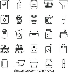 thin line vector icon set - wicker pot vector, measuring cup for feeding, bottle, powder, e, bucket, dust bin, drawer, bag with handles, package, tin, of popcorn, coffe to go, jar jam, sea port, oil