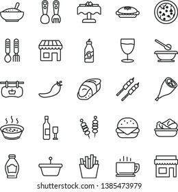 thin line vector icon set - plates and spoons vector, plastic fork, iron, coffee, fried vegetables on sticks, pizza, big burger, pie, a bowl of rice porridge, in saucepan, lettuce plate, barbecue