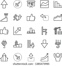thin line vector icon set - upward direction vector, downward, line chart, growth, positive histogram, a chair for feeding, tower crane, hook, winch, left bottom arrow, thumb up, move, right, finger