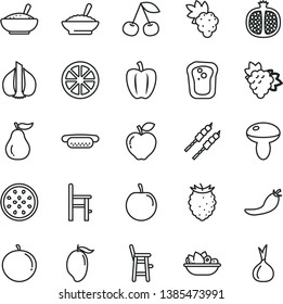 thin line vector icon set - a chair for feeding vector, child, mini hot dog, mushroom, bowl of buckwheat porridge, rice, plate fruit, barbecue, sandwich, cherry, half pomegranate, grape, branch