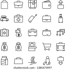 thin line vector icon set - paper bag vector, first aid kit, toys over the cot, medical, suitcase, case, package, a glass of tea, cart, briefcase, wallet, purse, dollars, hand, money, car baggage