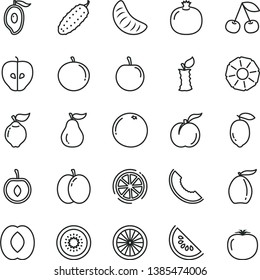 thin line vector icon set - cucumber vector, cherry, ripe peach, apple, pomegranate, quince, tasty, slice of melon, water, half mango, loquat, tangerine, plum, lemon, kiwi, orange, pineapple, guava