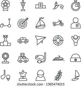 thin line vector icon set - stopwatch vector, motor vehicle, present, Kick scooter, warm hat, racer, winner, laurel branch, pedestal, podium, cup, star reward, man with medal, pennant, target, aim