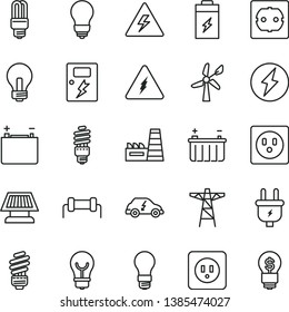 thin line vector icon set - danger of electricity vector, incandescent lamp, saving light bulb, power socket type b, f, dangers, charging battery, wind energy, accumulator, pole, plug, thermal plant