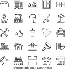 thin line vector icon set - house vector, big core, building trowel, concrete mixer, window, small tools, paint roller, buildings, tile, ceramic tiles, block, putty knife, manufacture, industrial