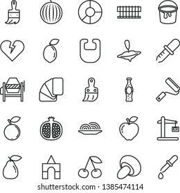 thin line vector icon set - bib vector, small yule, box of bricks, concrete mixer, paint bucket, new roller, sample colour, plastic brush, wooden, broken heart, onion, porcini, bottle soda, cherry