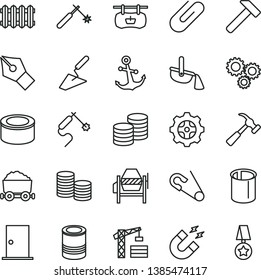 thin line vector icon set - open pin vector, tower crane, trowel, concrete mixer, ntrance door, new radiator, hammer, with claw, anchor, coins, clip, canned goods, tin, gear, pipes, welding, gas