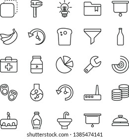 thin line vector icon set - repair key vector, first aid kit, folder bookmark, shoes for little children, washbasin, coins, copy, Easter cake, torte, jar of jam, bottle, bananas, calipers, Glass