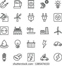thin line vector icon set - incandescent lamp vector, power socket type b, lightning, dangers, coffee beans, big solar panel, oil derrick, coal mining, gas station, windmill, wind energy, battery