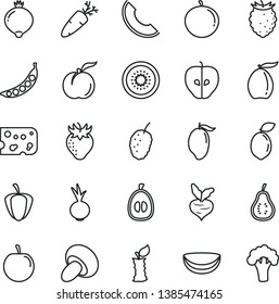 thin line vector icon set - piece of cheese vector, porcini, beet, carrot, ripe peach, tasty apple, strawberry, medlar, raspberry, mulberry, slice melon, mango, loquat, tangerine, half, plum, kiwi