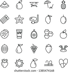 thin line vector icon set - strawberries vector, a pineapple, honeycombs, large grape, pear, apricot, raspberry, strawberry, melon, mango, half loquat, passion fruit, guava, ripe, slice of water