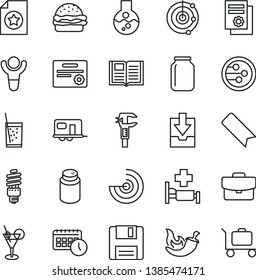 thin line vector icon set - bookmark vector, download archive data, powder, book, suitcase, burger, chili, a glass of soda, energy saving bulb, caliper, jar, scientific publication, agenda, network