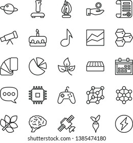 thin line vector icon set - calendar vector, line chart, sample of colour, brick, planet, torte, honeycombs, radish, leaves, catch a coin, pie charts, research article, speech, cpu, note, joystick