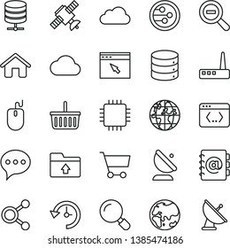 thin line vector icon set - grocery basket vector, zoom out, upload folder, house, magnifier, speech, big data, server, address book, planet, satellite antenna, cart, connections, mouse, cpu, router