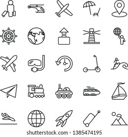 thin line vector icon set - paper airplane vector, child Kick scooter, earth, lighthouse, geolocation, history, rocket, lunar rover, man hold world, helicopter, plane, train, sail boat, passenger