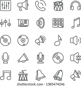thin line vector icon set - bell vector, desktop microphone, horn, loudspeaker, drumroll, drum, music, CD, regulator, volume, no sound, phone call, megaphone, pc card, headphones, speaker, note