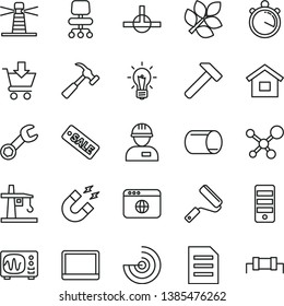 thin line vector icon set - dwelling vector, workman, new roller, hammer, with claw, put in cart, tower crane, pipe, lighthouse, season sale, notebook pc, browser, connect, chair, repair, file, bulb