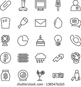 thin line vector icon set - incandescent lamp vector, monitor window, envelope, growth up, pie chart, question, rainy cloud, globe, lens, clip, Easter cake, birthday, chicken thigh, cocktail, lime
