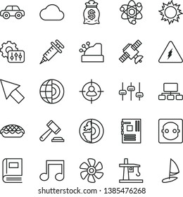 thin line vector icon set - hammer of a judge vector, motor vehicle, apple pie, marine propeller, power socket, tower crane, man in sight, scheme, cashbox, motherboard, note, settings, cursor, cloud