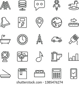 thin line vector icon set - bell vector, clock face, camera roll, calculator, book, small rocking horse, ladder, bath, building block, dangers, globe, big data server, spaghetti, planet, retro car