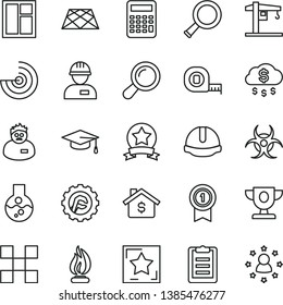 thin line vector icon set - crane vector, workman, window, measuring tape, tile, construction helmet, star gear, pavement, flask, zoom, biohazard, flame, scientist, graduate hat, clipboard, radar