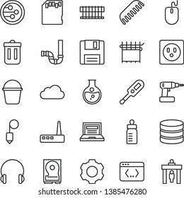 thin line vector icon set - laptop vector, feeding bottle, electronic thermometer e, comb, cordless drill, bucket, siphon, plummet, headphones, round flask, socket, cloth industry, radiator fan, hdd