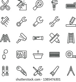 thin line vector icon set - repair key vector, scissors, iron fork spoons, small tools, hand saw, measuring tape, paint roller, stepladder, ladder, construction level, writing accessories, drawing