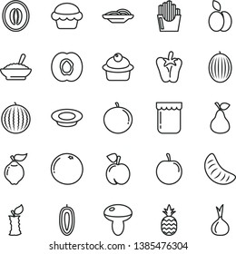 thin line vector icon set - slices of onion vector, mushroom, cake, muffin, a bowl buckwheat porridge, plate milk, peper, fried potato, jam, pineapple, apple, pear, peach, half apricot, quince, stub
