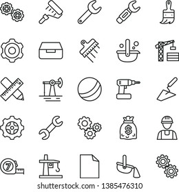 thin line vector icon set - clean sheet of paper vector, bath ball, tower crane, builder, gears, cogwheel, trowel, cordless drill, long meashuring tape, paint roller, wooden brush, spatula, drawer