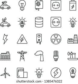 thin line vector icon set - danger of electricity vector, matte light bulb, power socket type f, lightning, boiler, charging battery, oil derrick, modern gas station, windmill, manufacture, barrel