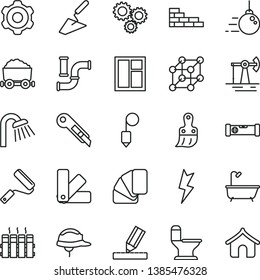 thin line vector icon set - brick wall vector, big core, cogwheel, trowel, window, new roller, color samples, sample of colour, plastic brush, comfortable toilet, bath, shower, construction level