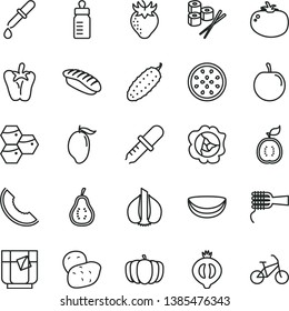 thin line vector icon set - feeding bottle vector, noodles, cucumber, tomato, peper, sushi set, japanese, a glass of tea, honeycombs, squash, strawberry, half medlar, slice melon, mango, tasty plum