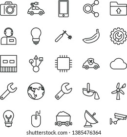 thin line vector icon set - repair key vector, camera, upload folder, bulb, gear, smartphone, operator, banana, wind energy, electric car, autopilot, welding, steel production, trolley with coal