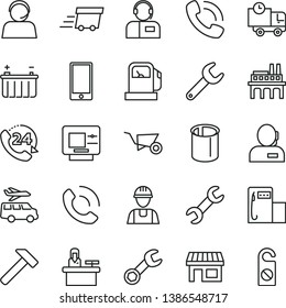 thin line vector icon set - builder vector, building trolley, hammer, smartphone, delivery, 24, phone call, operator, gas station, modern, battery, industrial enterprise, pipes, repair key, stall