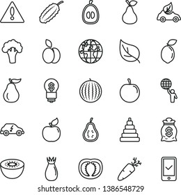thin line vector icon set - warning vector, stacking toy, carrot, apple, pear, apricot, rose hip, water melon, half loquat, tasty plum, kiwi, sour lime, ripe guava, part of, tomato, broccoli, leaf