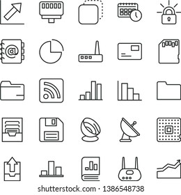 thin line vector icon set - floppy disk vector, folder, rss feed, pie chart, growth, positive histogram, archive, upload data, address book, pass card, copy, processor, bar, on statistics, agenda