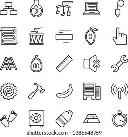 thin line vector icon set - laptop vector, yardstick, minus, toys over the cradle, children's tracks, drumroll, ladder, buildings, plummet, star gear, paving slab, heating coil, hammer with claw