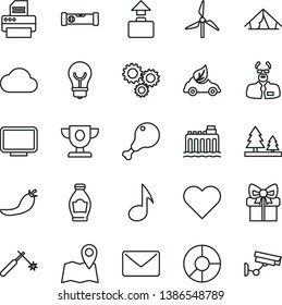 thin line vector icon set - construction level vector, heart, bulb, chicken leg, bottle, red pepper, windmill, hydroelectricity, forest, eco car, welding, three gears, ring diagram, gift, monitor