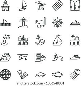 thin line vector icon set - anchor vector, small fish, sea port, commercial seaport, coastal lighthouse, planet, sand castle, sail boat, hotel, beach, palm tree, flippers, diving mask, surfing