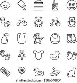 thin line vector icon set - baby powder vector, bib, Child T shirt, rubber duck, duckling, warm socks, toy mobile phone, teddy bear, small, children's hairdo, train, yule, bicycle, tricycle, pear