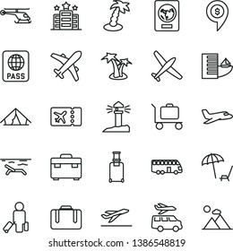 thin line vector icon set - suitcase vector, passport, coastal lighthouse, helicopter, dollar pin, plane, bus, passenger, rolling, ticket, departure, hotel, tent, beach, arnchair under umbrella