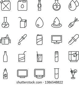 thin line vector icon set - measuring cup for feeding vector, e, packing of juice with a straw, drop, screen, glass soda, tea, can, bottle, liquor, round flask, canister, oil, monitor, test tube