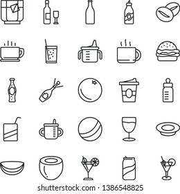 thin line vector icon set - mug for feeding vector, measuring cup, bottle, bath ball, e, coffee, burger, a plate of milk, beans, tea, coffee to go, glass soda, cocktail, can, orange, liquor, half